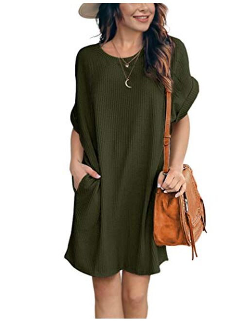 IWOLLENCE Women Waffle Knit Tunic Dress Casual Summer Short Sleeve Loose Dresses Cover Up Beach Dresses with Pocket