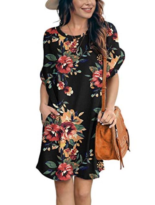 IWOLLENCE Women Waffle Knit Tunic Dress Casual Summer Short Sleeve Loose Dresses Cover Up Beach Dresses with Pocket