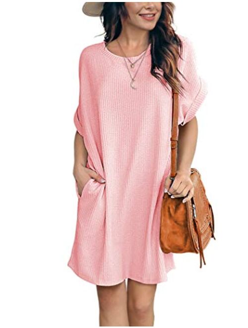 IWOLLENCE Women Waffle Knit Tunic Dress Casual Summer Short Sleeve Loose Dresses Cover Up Beach Dresses with Pocket