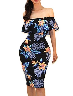 Vivicastle Women's USA Off Shoulder Ruffle Bodycon Fitted Midi Dress