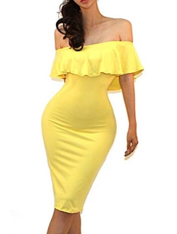 Vivicastle Women's USA Off Shoulder Ruffle Bodycon Fitted Midi Dress