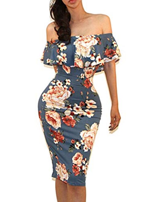 Vivicastle Women's USA Off Shoulder Ruffle Bodycon Fitted Midi Dress