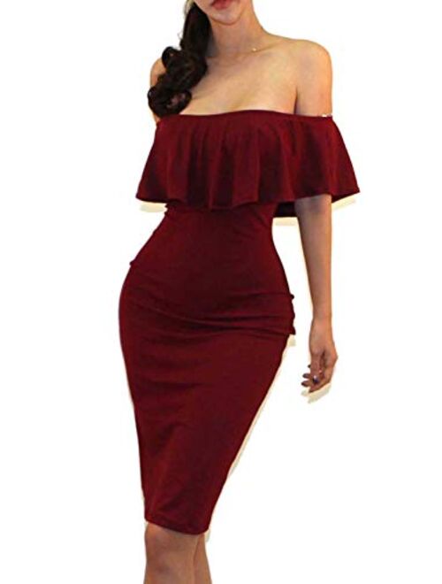 Vivicastle Women's USA Off Shoulder Ruffle Bodycon Fitted Midi Dress