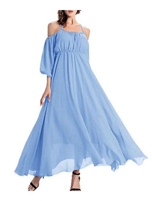 Afibi Womens Off Shoulder Long Chiffon Casual Dress Maxi Evening Dress