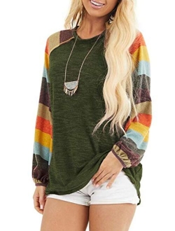 Womens Color Block Tunic Tops Crewneck Long Sleeve T-Shirt Casual Loose Shirt Blouses