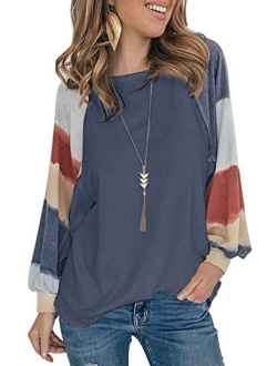 Womens Color Block Tunic Tops Crewneck Long Sleeve T-Shirt Casual Loose Shirt Blouses