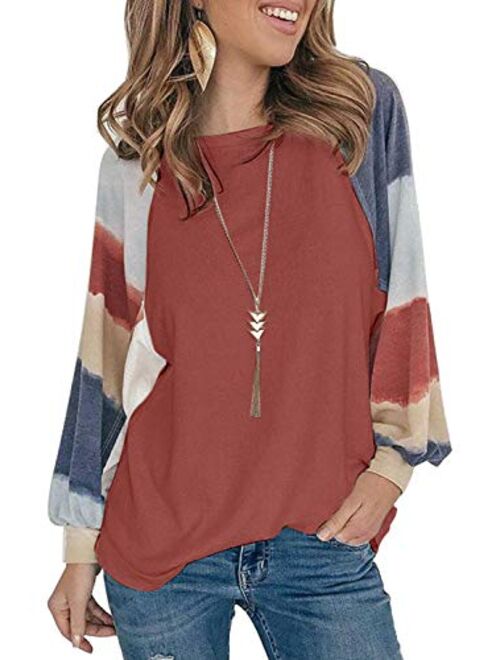 Asvivid Womens Color Block Tunic Tops Crewneck Long Sleeve T-Shirt Casual Loose Shirt Blouses