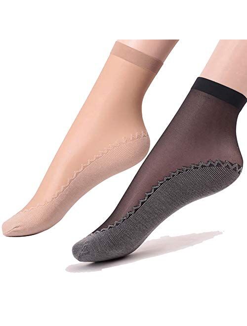 Ueither Women's 12 Pairs Silky Anti-Slip Cotton Sole Sheer Ankle High Tights Hosiery Socks Reinforced Toe