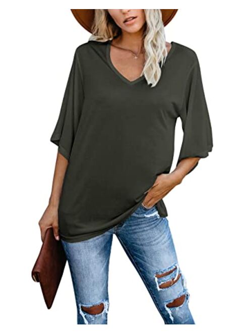 cordat Women's Blouse Tops Loose V Neck 3/4 Bell Sleeve Shirt