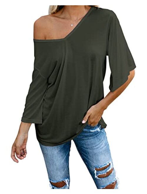 cordat Women's Blouse Tops Loose V Neck 3/4 Bell Sleeve Shirt