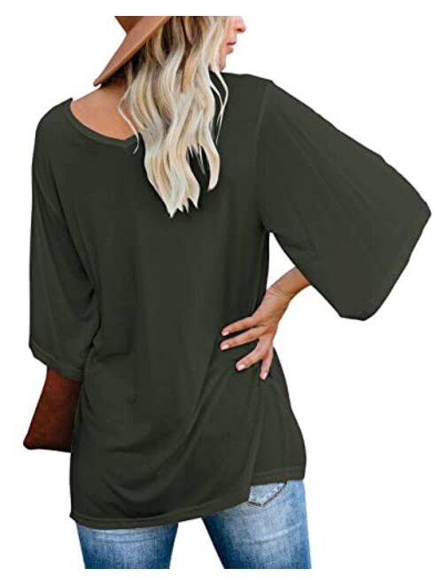 cordat Women's Blouse Tops Loose V Neck 3/4 Bell Sleeve Shirt