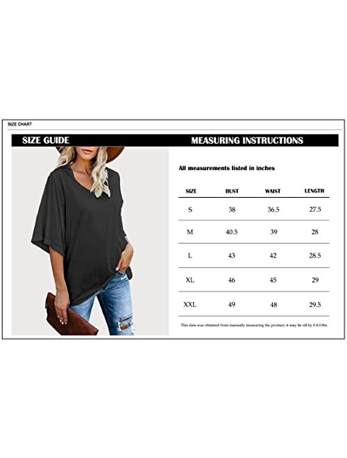 cordat Women's Blouse Tops Loose V Neck 3/4 Bell Sleeve Shirt