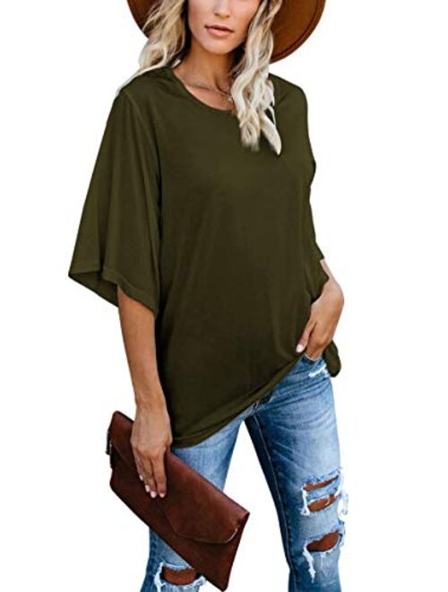 cordat Women's Blouse Tops Loose V Neck 3/4 Bell Sleeve Shirt