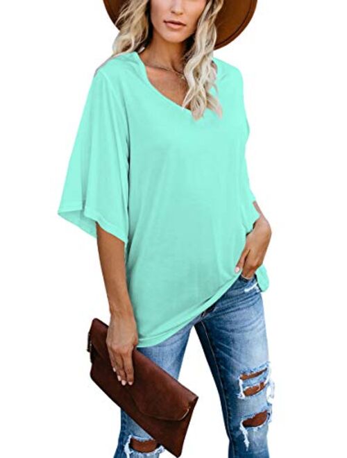 cordat Women's Blouse Tops Loose V Neck 3/4 Bell Sleeve Shirt