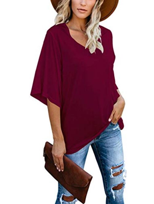 cordat Women's Blouse Tops Loose V Neck 3/4 Bell Sleeve Shirt