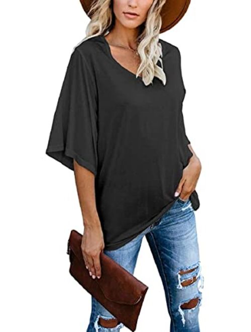 cordat Women's Blouse Tops Loose V Neck 3/4 Bell Sleeve Shirt