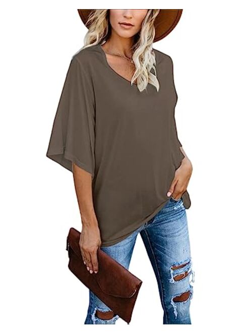 cordat Women's Blouse Tops Loose V Neck 3/4 Bell Sleeve Shirt