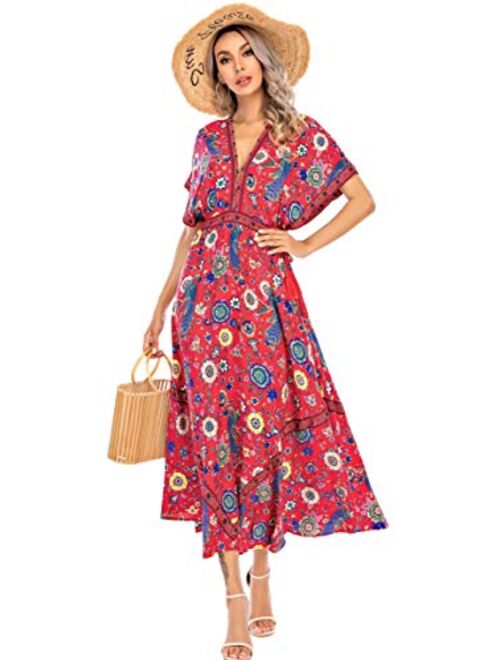 R.Vivimos Women Summer Print Deep V Neck Cotton Beach Long Dresses