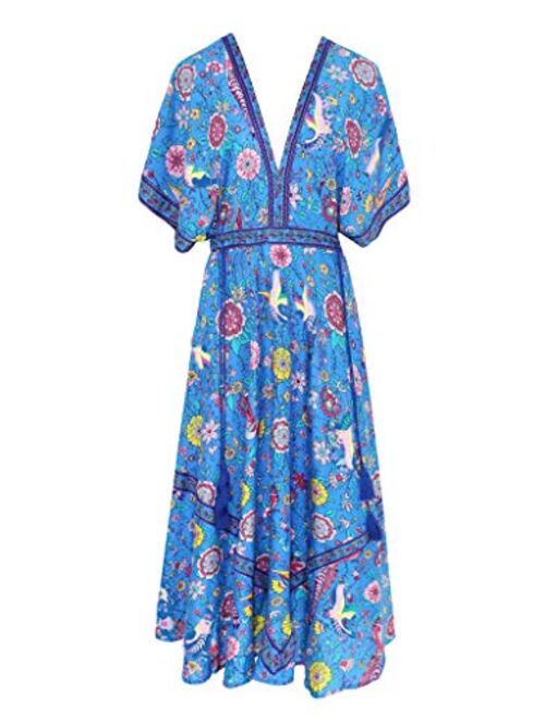 R.Vivimos Women Summer Print Deep V Neck Cotton Beach Long Dresses