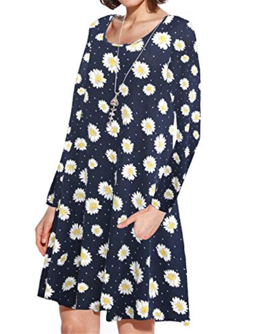 JollieLovin Women's Pockets Long Sleeve Casual Swing Loose Dress