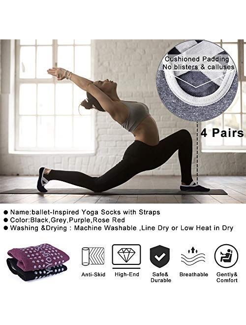 Hicdaw 4Pairs Yoga Socks for Women Non Slip Socks Slipper Socks for Pilates, Ballet, Dance, Yoga Socks with Grips for Women