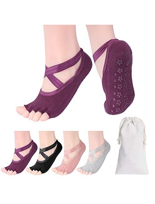 Hicdaw 4Pairs Yoga Socks for Women Non Slip Socks Slipper Socks for Pilates, Ballet, Dance, Yoga Socks with Grips for Women