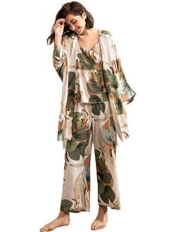 Women's Sleepwear 3Pieces Leaf Print Cami and Pants Pajama Set with Robe