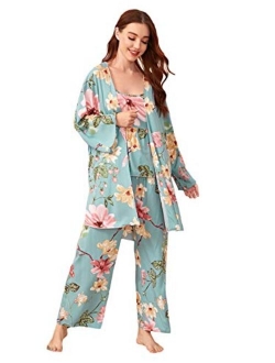 Women's Sleepwear 3Pieces Leaf Print Cami and Pants Pajama Set with Robe