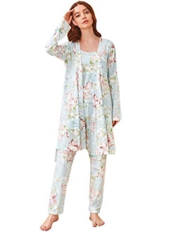 Women's Sleepwear 3Pieces Leaf Print Cami and Pants Pajama Set with Robe