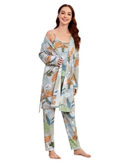 Women's Sleepwear 3Pieces Leaf Print Cami and Pants Pajama Set with Robe