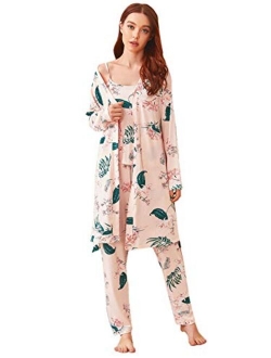 Women's Sleepwear 3Pieces Leaf Print Cami and Pants Pajama Set with Robe