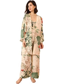 Women's Sleepwear 3Pieces Leaf Print Cami and Pants Pajama Set with Robe