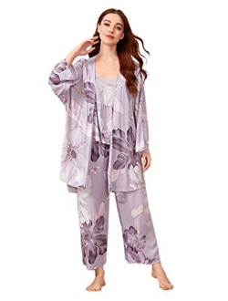 Women's Sleepwear 3Pieces Leaf Print Cami and Pants Pajama Set with Robe