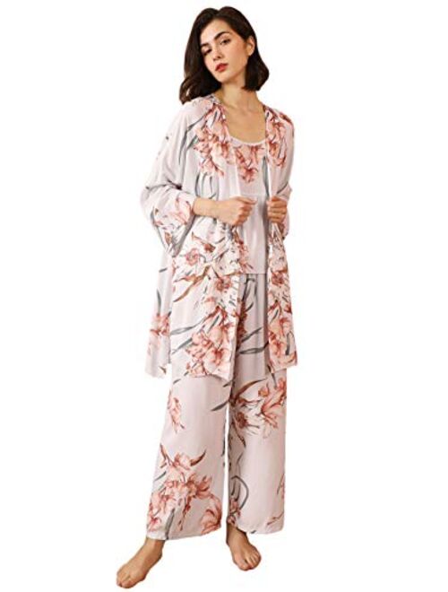 WDIRARA Women's Sleepwear 3Pieces Leaf Print Cami and Pants Pajama Set with Robe