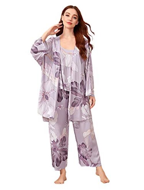 WDIRARA Women's Sleepwear 3Pieces Leaf Print Cami and Pants Pajama Set with Robe