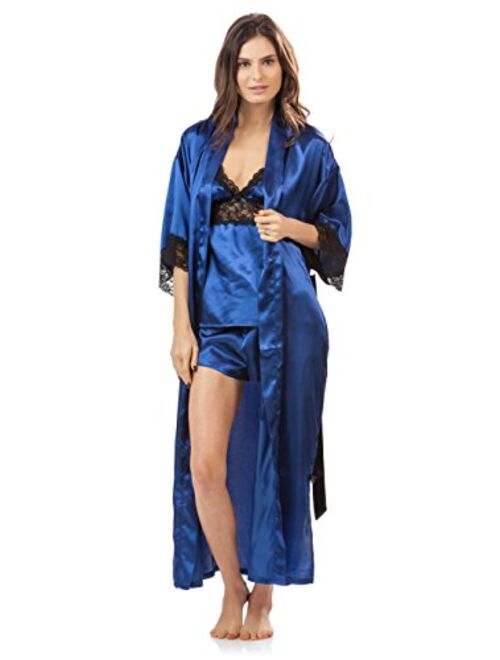 Ashford & Brooks Women's 3Pieces Satin Long Robe and Pajama Set