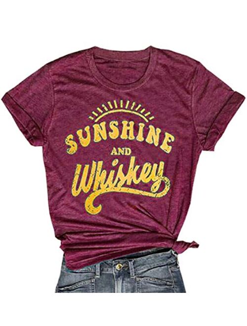 MNLYBABY Sunshine and Whiskey Short Sleeve T-Shirt Women Beach Funny Letters Print Summer Tops Tees