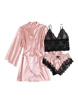 Women's 3Pieces Lace Satin Lingerie Set Bra with Panty and Belt Robe