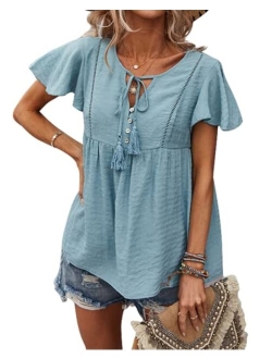 Jescakoo Womens Tops Short Sleeve V Neck Summer Shirts Casual Tunic