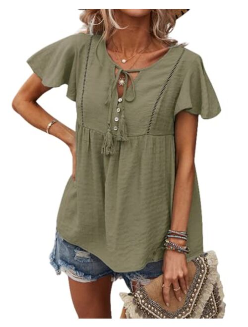 Jescakoo Womens Tops Short Sleeve V Neck Summer Shirts Casual Tunic