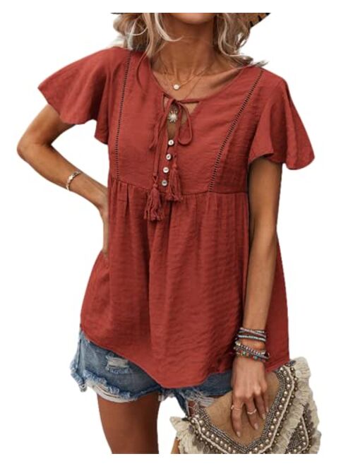 Jescakoo Womens Tops Short Sleeve V Neck Summer Shirts Casual Tunic