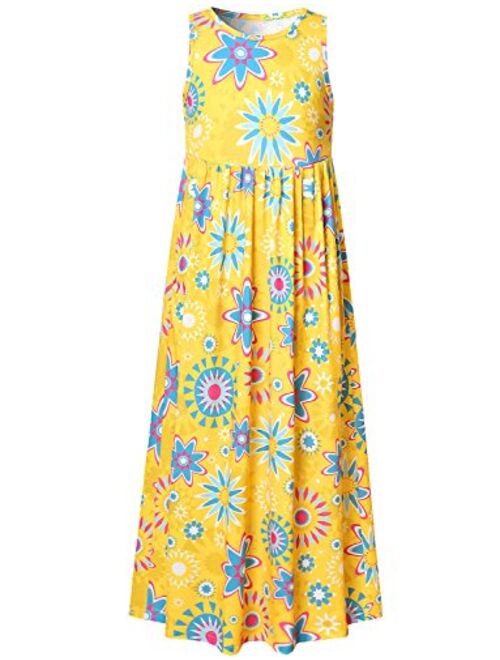 Maxi Dresses for Girls Unicorn Floral Summer Sleeveless Casual Pockets Long