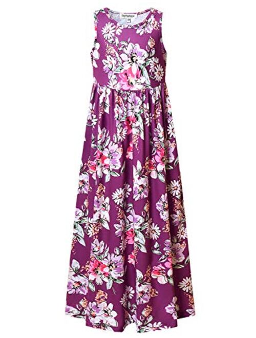 Maxi Dresses for Girls Unicorn Floral Summer Sleeveless Casual Pockets Long