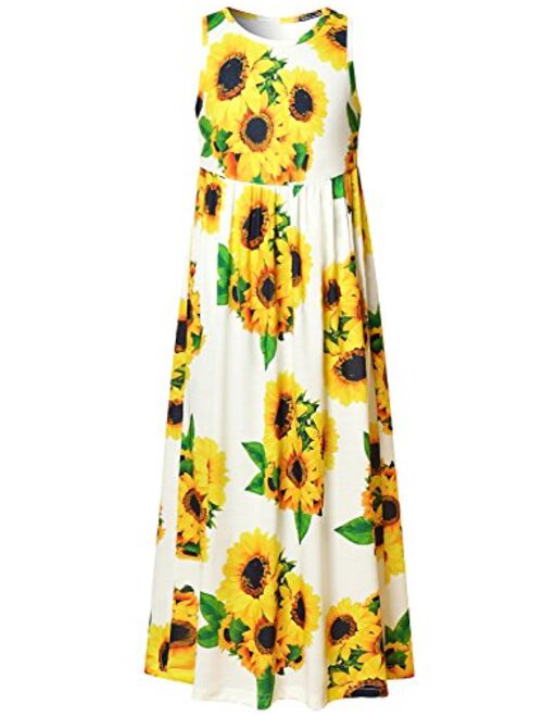 Maxi Dresses for Girls Unicorn Floral Summer Sleeveless Casual Pockets Long