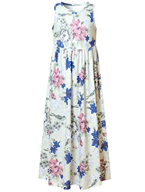 Maxi Dresses for Girls Unicorn Floral Summer Sleeveless Casual Pockets Long