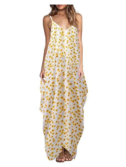 ZANZEA Women's Floral Print V Neck Spaghetti Strap Summer Bohemian Long Maxi Dress Beach Sundress