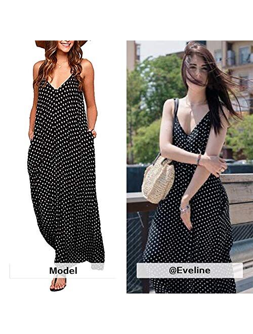 Exlura Women Casual Boho Plus Size Summer Maxi Dresses Polka Dot Floral Printed Adjustable Strappy Dress with Pockets