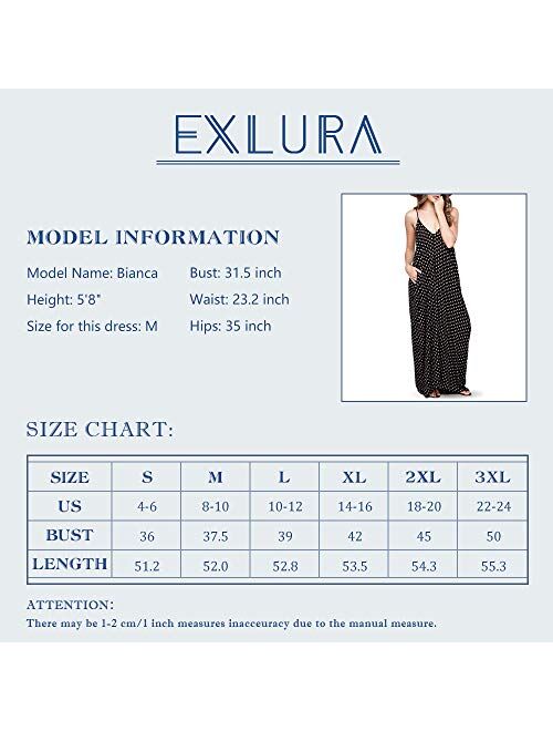 Exlura Women Casual Boho Plus Size Summer Maxi Dresses Polka Dot Floral Printed Adjustable Strappy Dress with Pockets