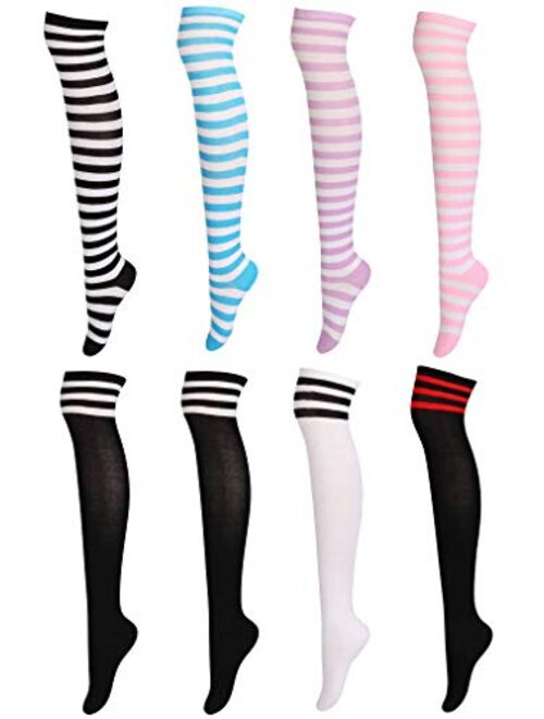 FIBO STEEL 6-9 Pairs Long Thigh High Socks for Women Striped Knee High Leg Warmers