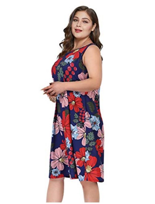 AMZ PLUS Womens Plus Size Casual Boho Sundress Summer Sleeveless Dresses